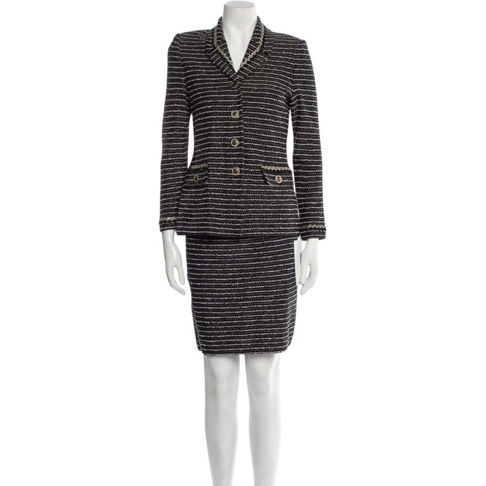 St John Couture Marie Gray Knit Skirt Suit Black White Gold Stripe Sz 6 4